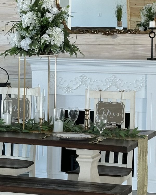 1 farm table for cake, gifts, or decor 